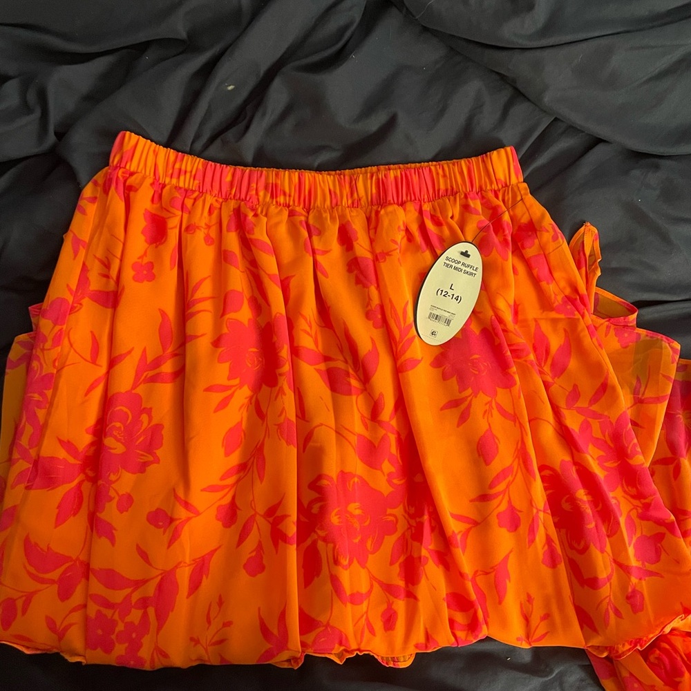 Floral Orange Hot Pink  Ruffled Tiered Midi Skirt NWT Size Large